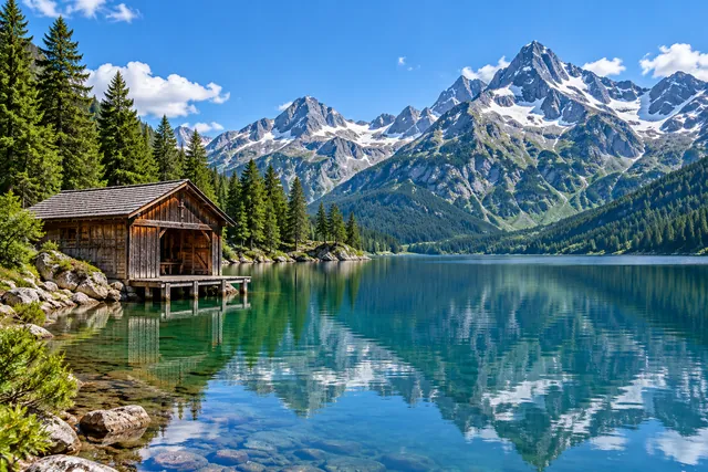 Alpine lake with a wooden boathouse in midday light, before the AI edit