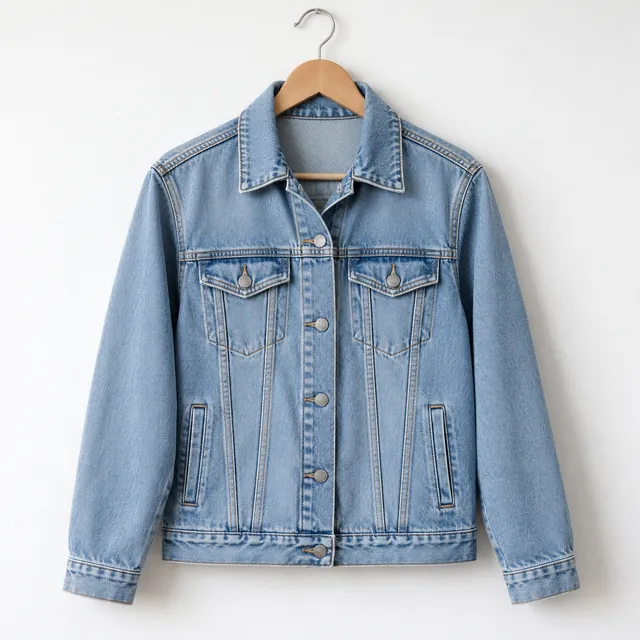 Light blue denim jacket on a hanger before the AI color edit
