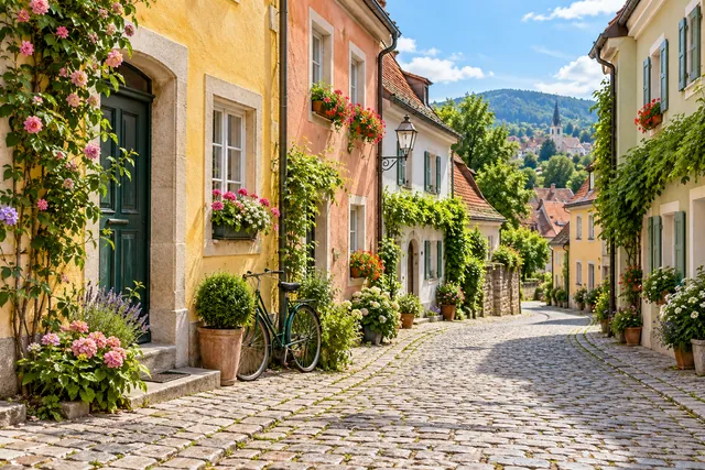 Cobblestone street with pastel houses and a bicycle, the original photo