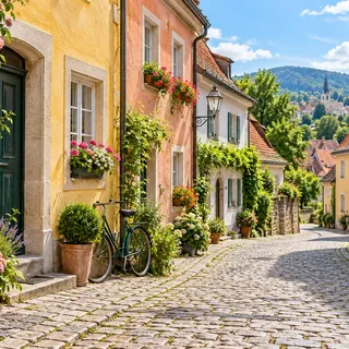 Second photo: a cobblestone street with pastel houses