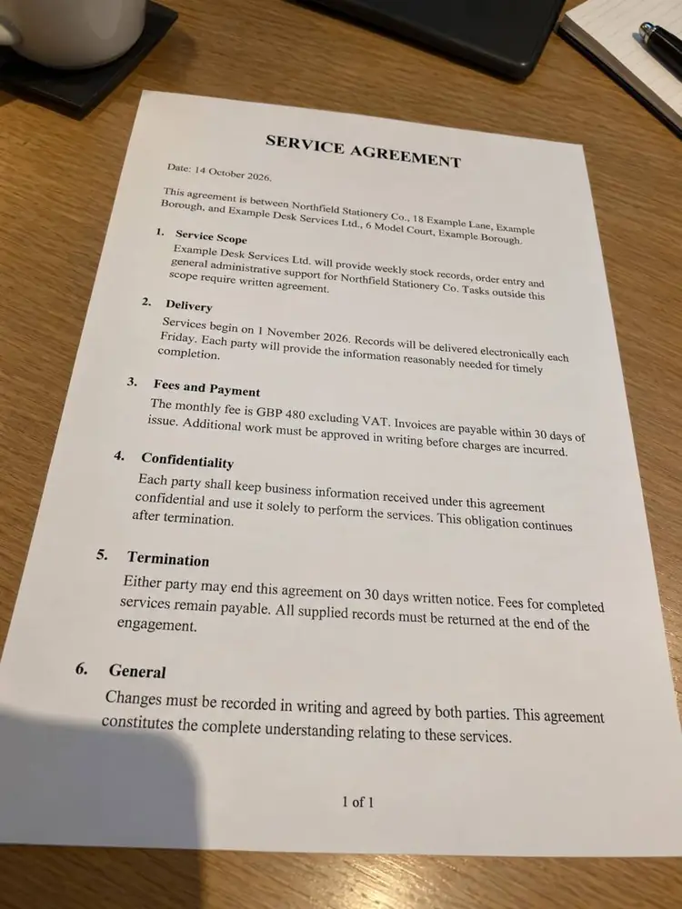 Contract page photographed at an angle in uneven light, before enhancement