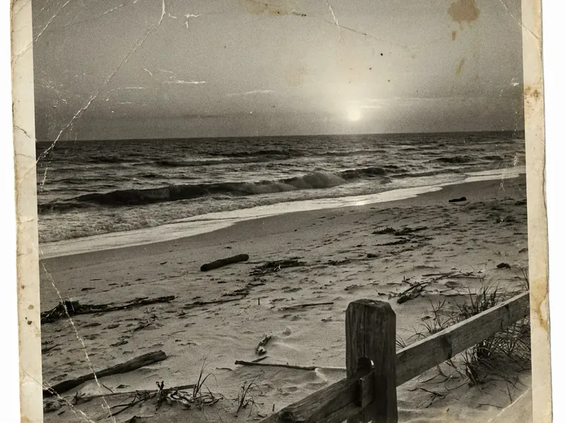 Creased, scratched black-and-white beach print from 1974 before AI photo restoration