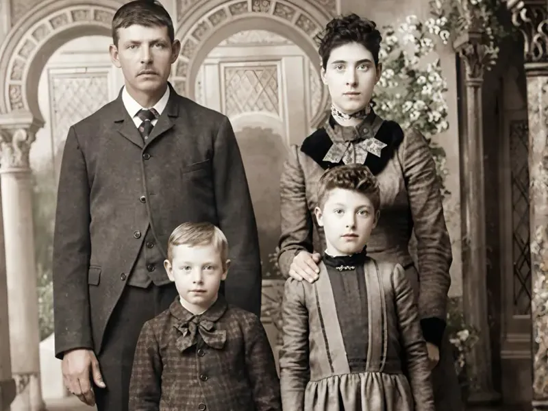The same family portrait restored with AI, spots and stains removed