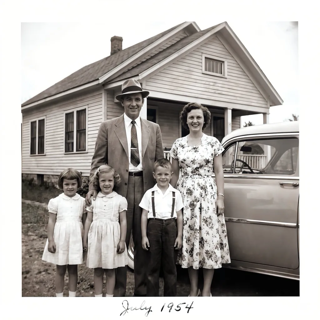 The same 1954 family photo after AI photo restoration, with the tears repaired