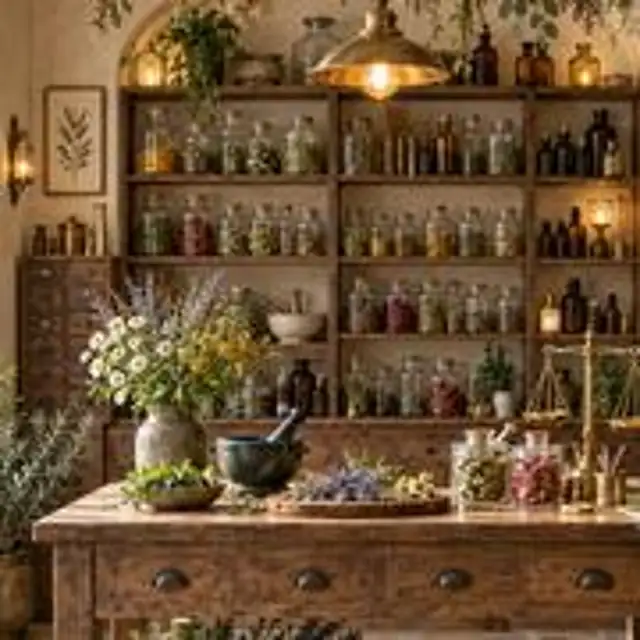 A small AI illustration of an apothecary shop with an open book