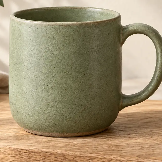 The same mug upscaled 4× with sharp glaze and speckles