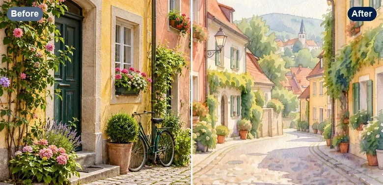 A cobblestone street with pastel houses, half the original photo and half turned into a watercolor painting with an AI prompt